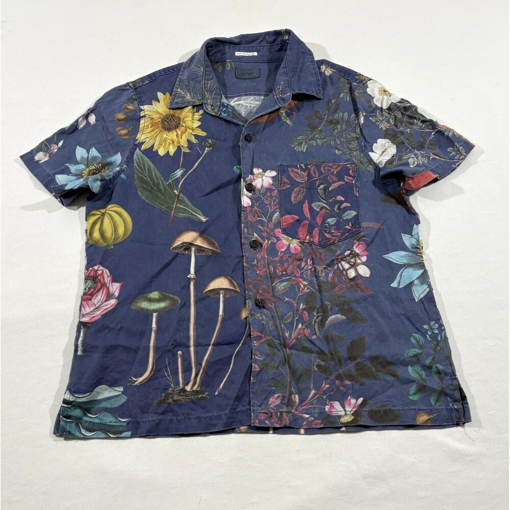 Mother Denim Camp Shirt Staycation Blue Button Graphic Print Floral Top Sz M - Picture 2 of 8